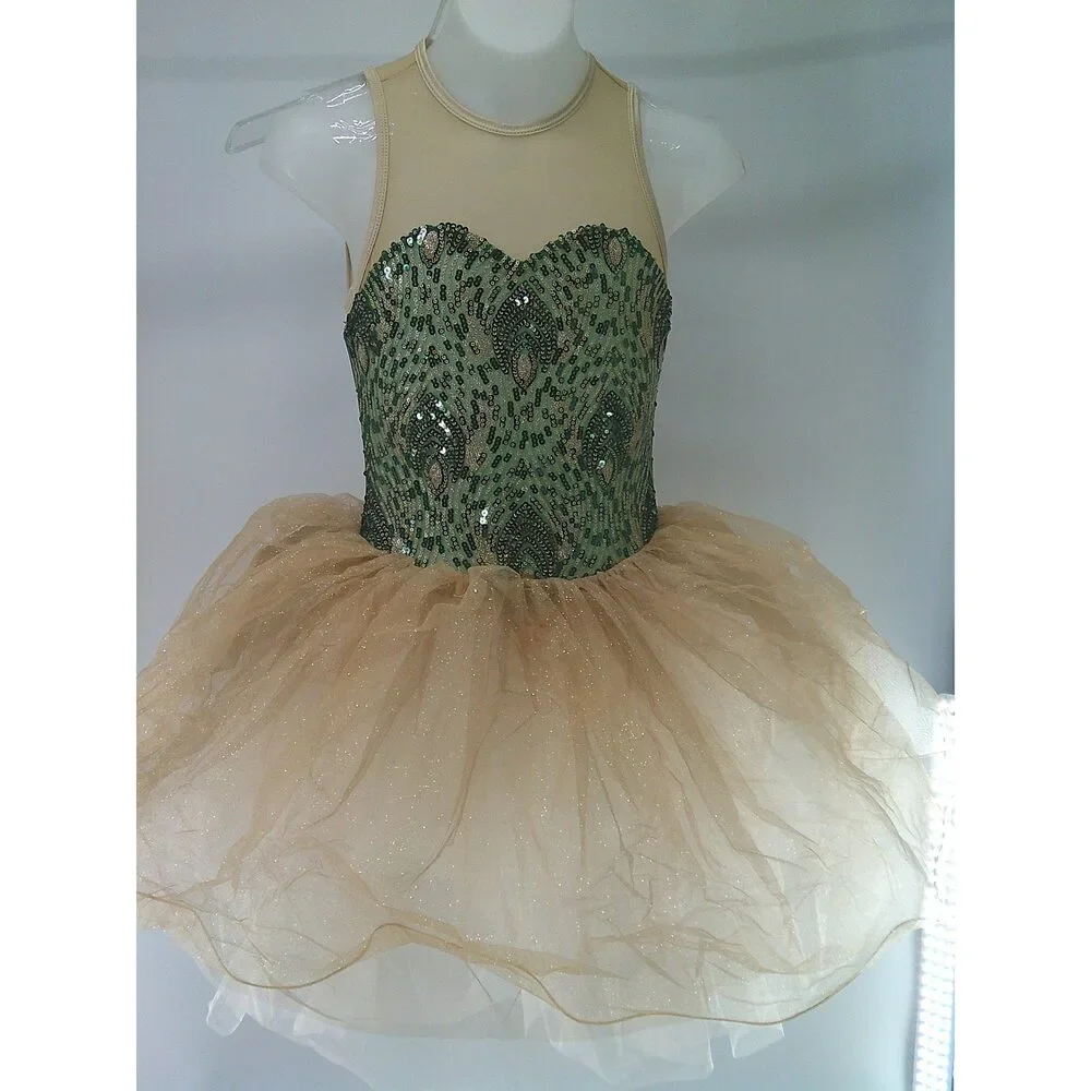 Pre-Owned Dance Costume Curtain Call E2134 Large Child Green Ballet Sequin Peac